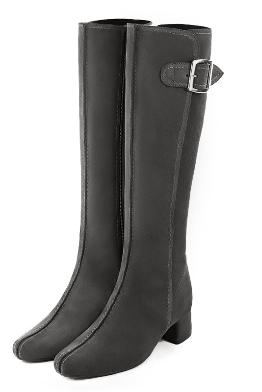 Dark grey women's knee-high boots with buckles. Round toe. Low flare heels. Made to measure. Front view - Florence KOOIJMAN